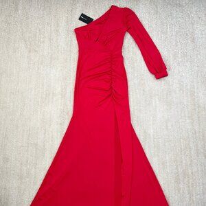 NWT Fashion Nova Movie Premier One Shoulder Long Sleeve Maxi Dress S Red